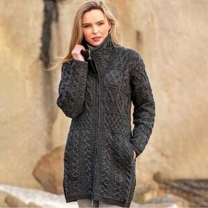 Aran Mor Merino Wool Sweater Jacket with Oversized Collar size Medium